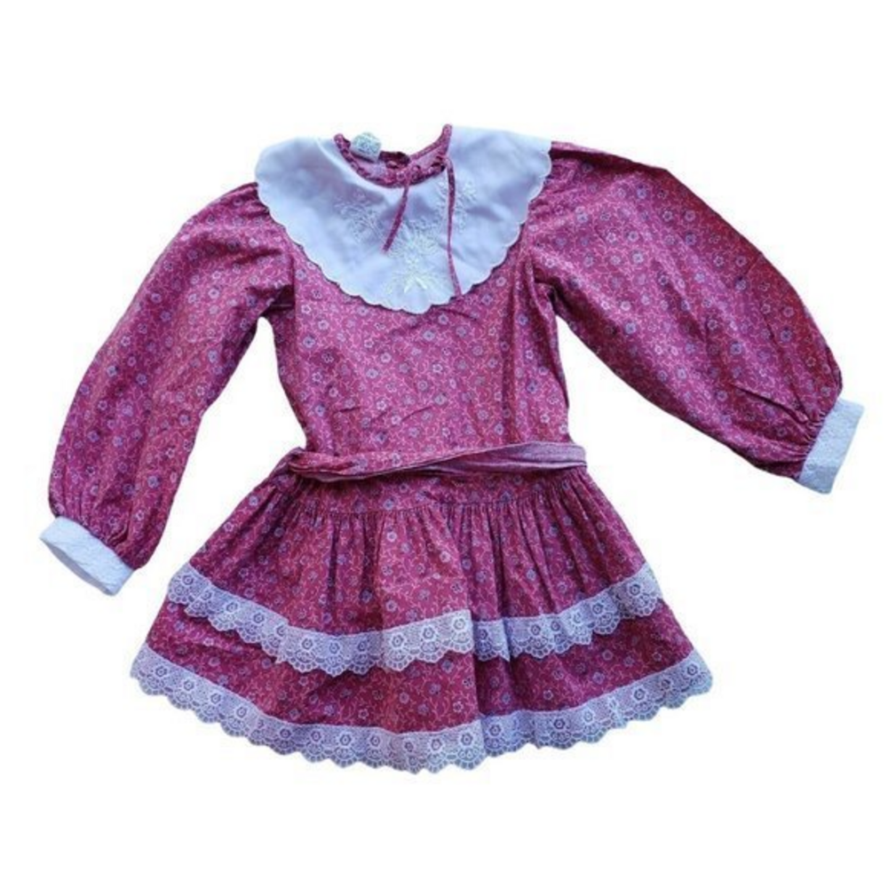 Vintage Mini World Girls Size 4T Long Sleeve Dress Pink Floral Peter Pan‎ Collar